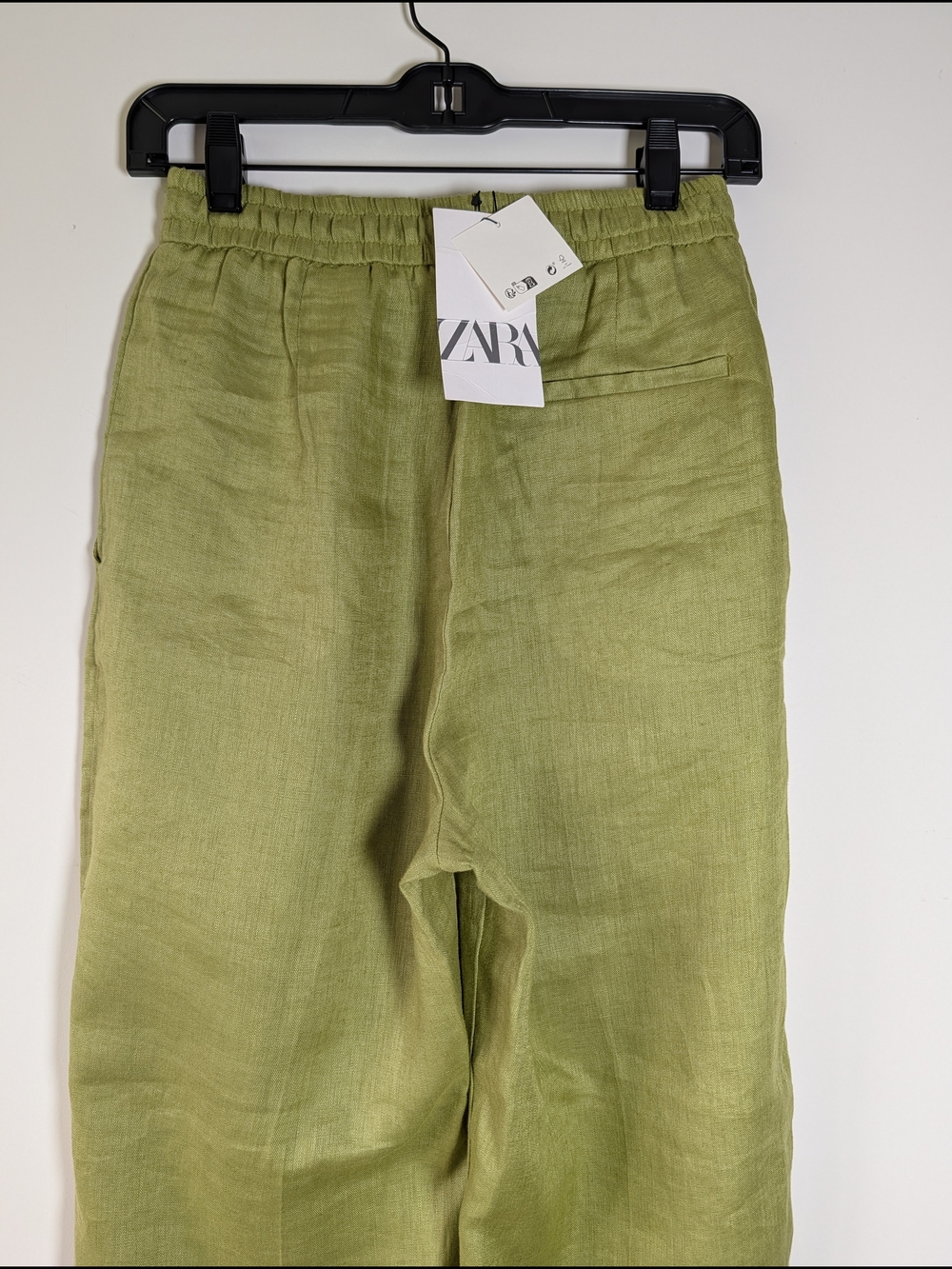 ZARA NWT 100% Linen Pajama Pants S Olive Green Wide Leg High Rise Elastic Waist - Picture 2 of 6